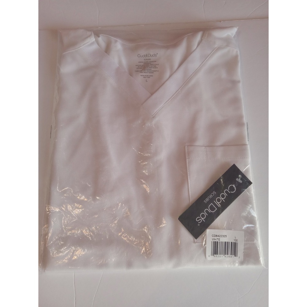 Men's Cuddl Duds‎ Scrubs Classic V-neck Top With Pocket  White Large